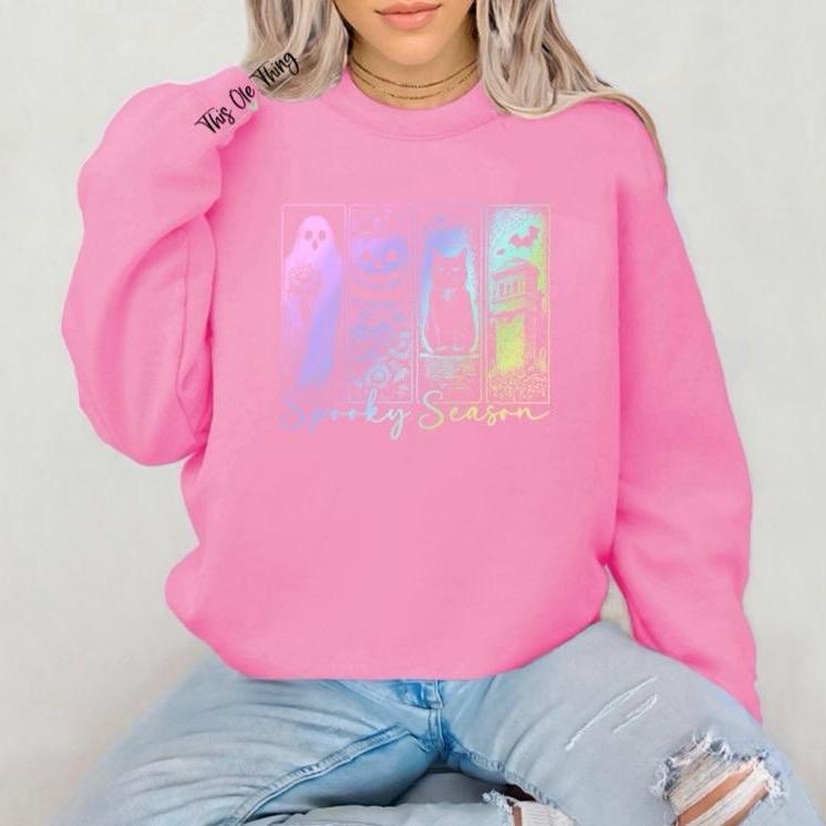 Spooky Season Neon Ghost & Cat Crewneck Sweatshirt - photo 5