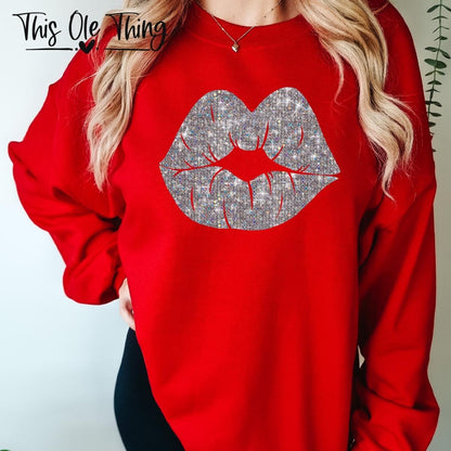 Faux Sequin Lip Crewneck Sweatshirt