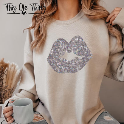 Faux Sequin Lip Crewneck Sweatshirt