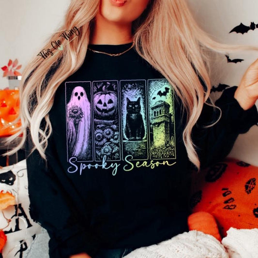 Spooky Season Neon Ghost & Cat Crewneck Sweatshirt