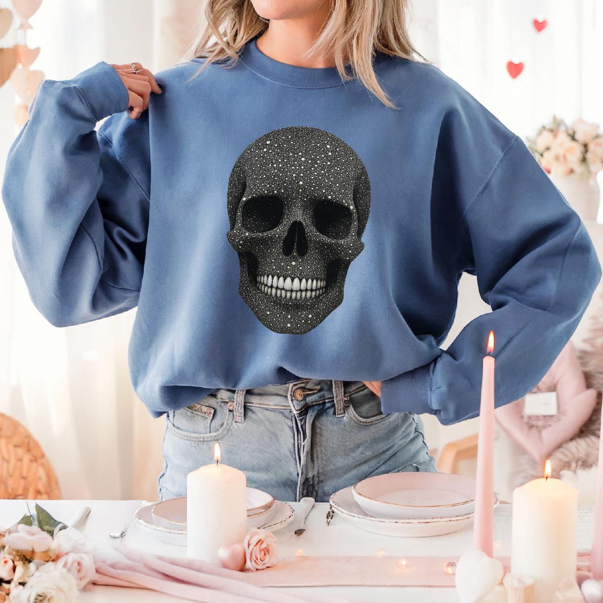 Faux 3D Rhinestone Skull Sweatshirt