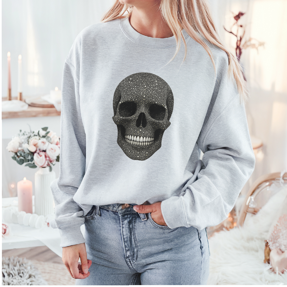 Faux glitter skull sweatshirt
