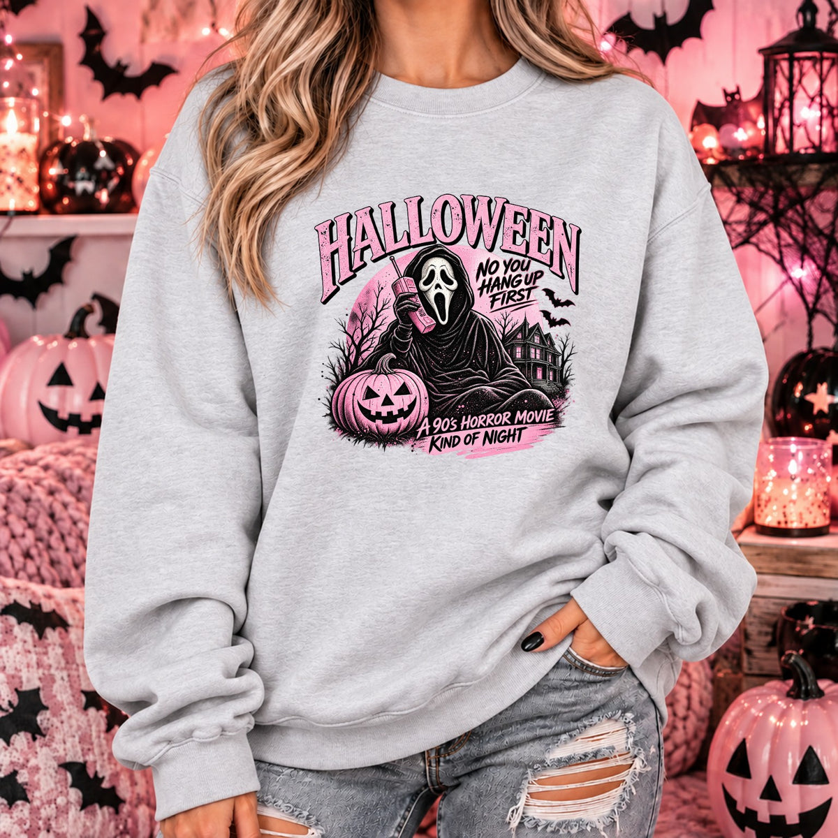 90s horror movie Halloween sweatshirt in ash grey