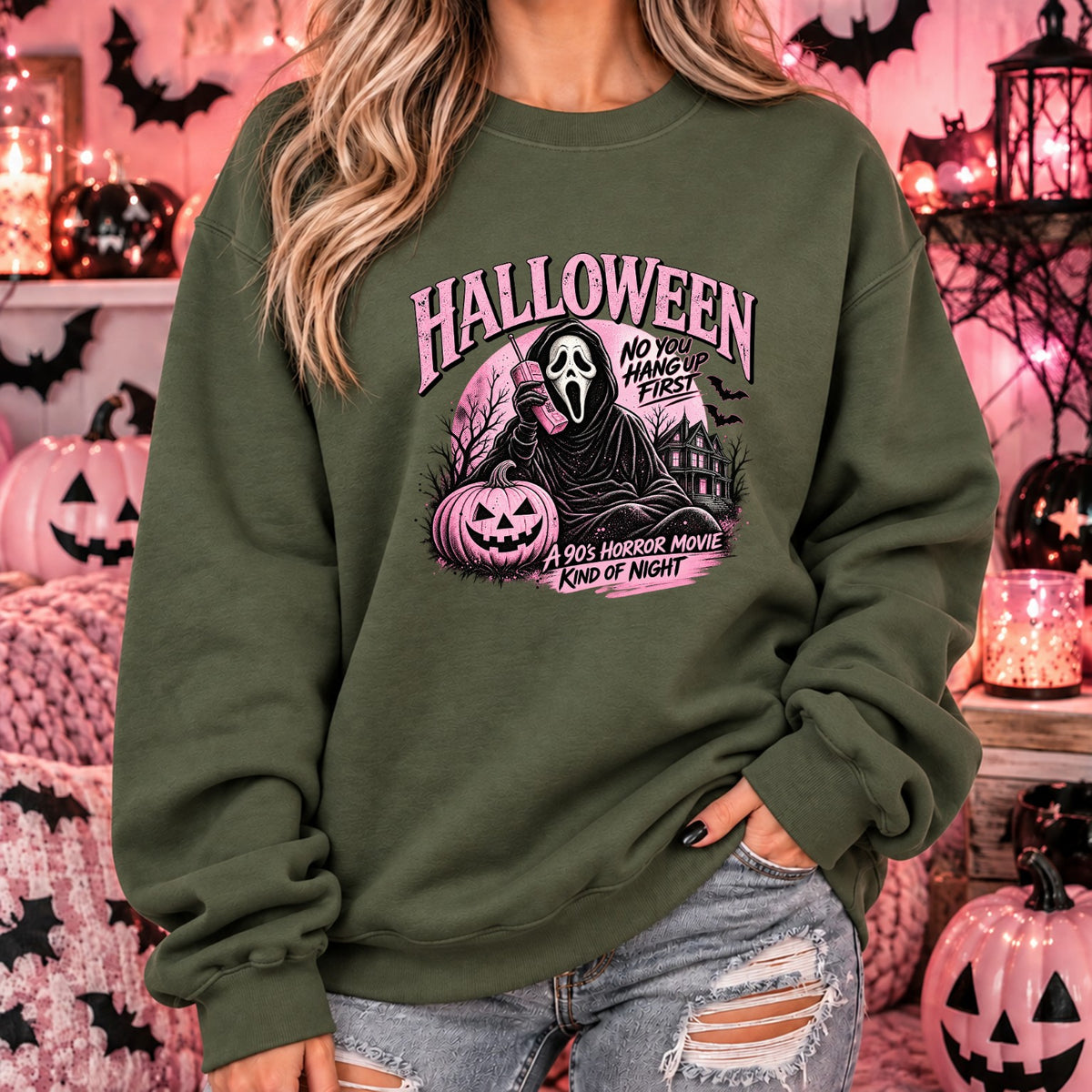 90s horror movie Halloween sweatshirt in military green