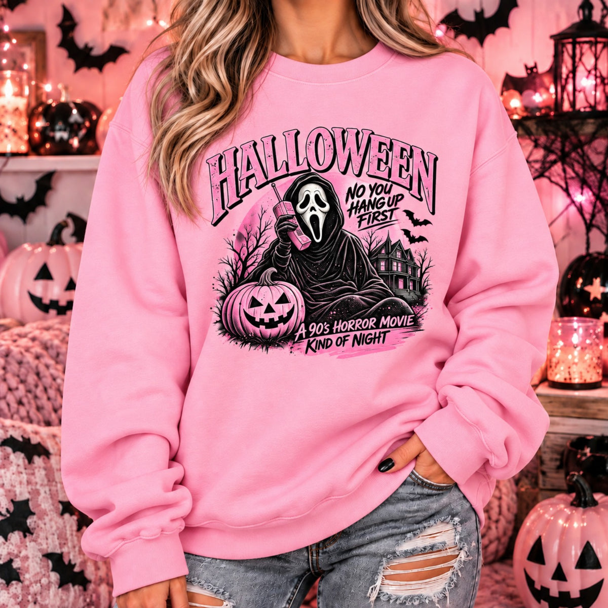 90s horror movie Halloween sweatshirt in pink