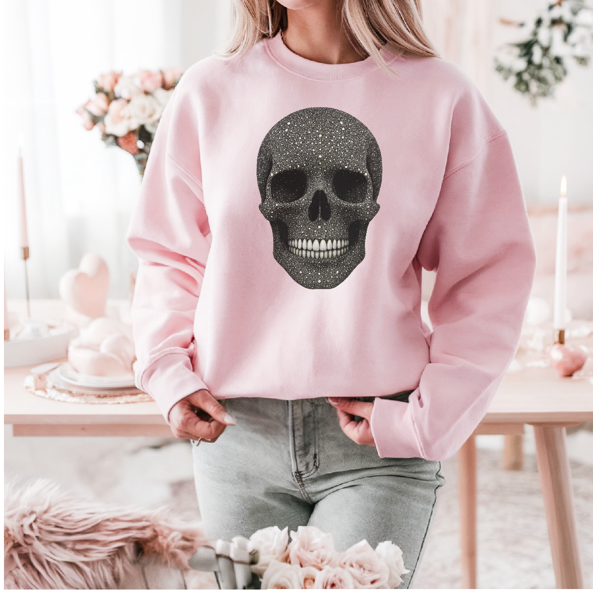 Faux glitter skull sweatshirt