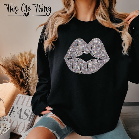 Faux Sequin Lip Crewneck Sweatshirt