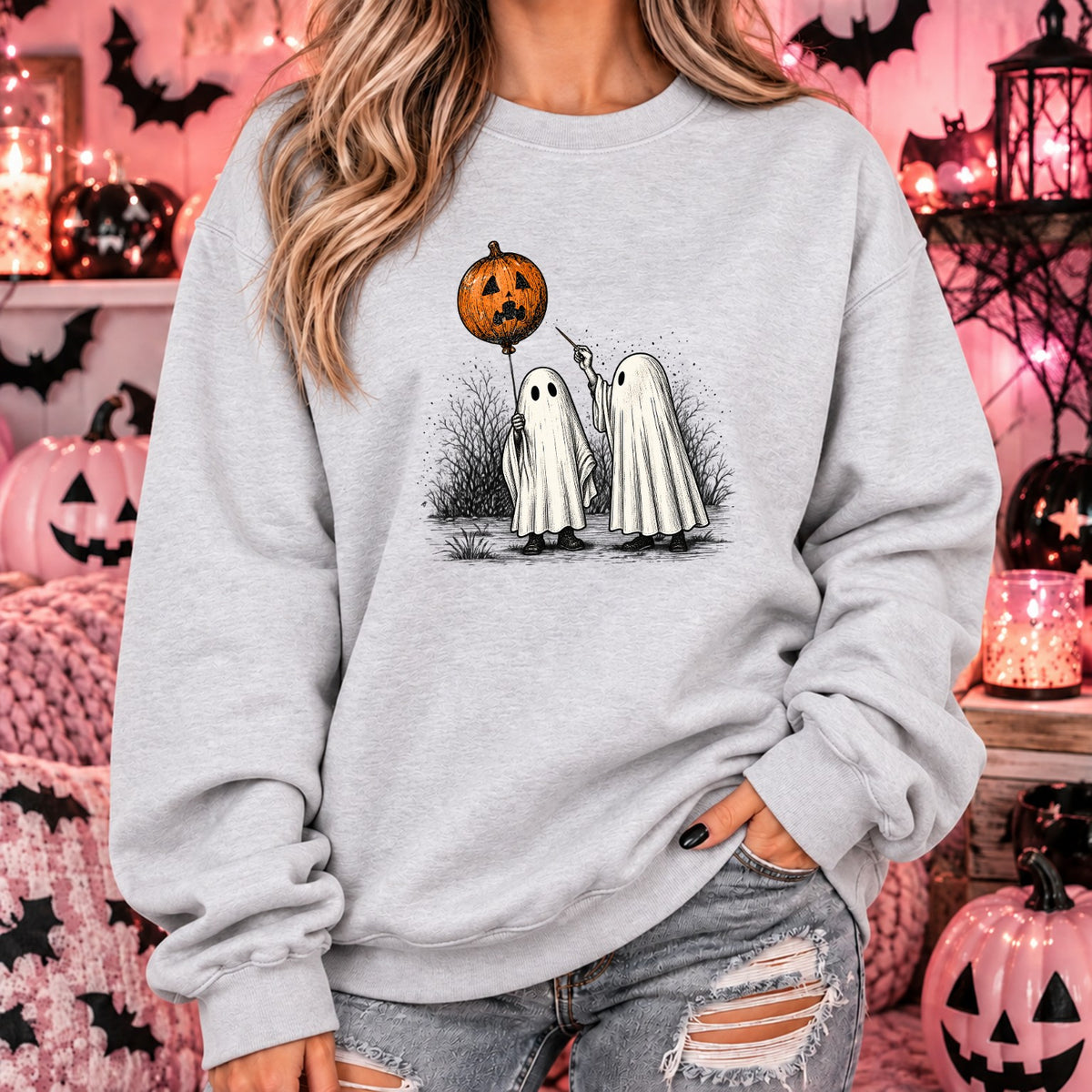 Ghost friends pumpkin balloon Halloween sweatshirt in ash grey