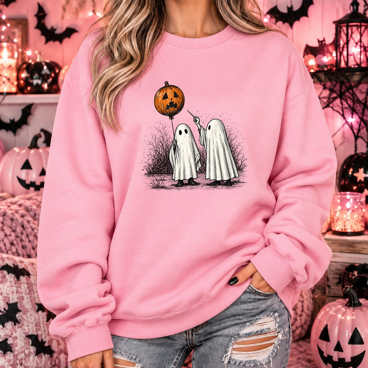 Ghost friends pumpkin balloon Halloween sweatshirt in pink