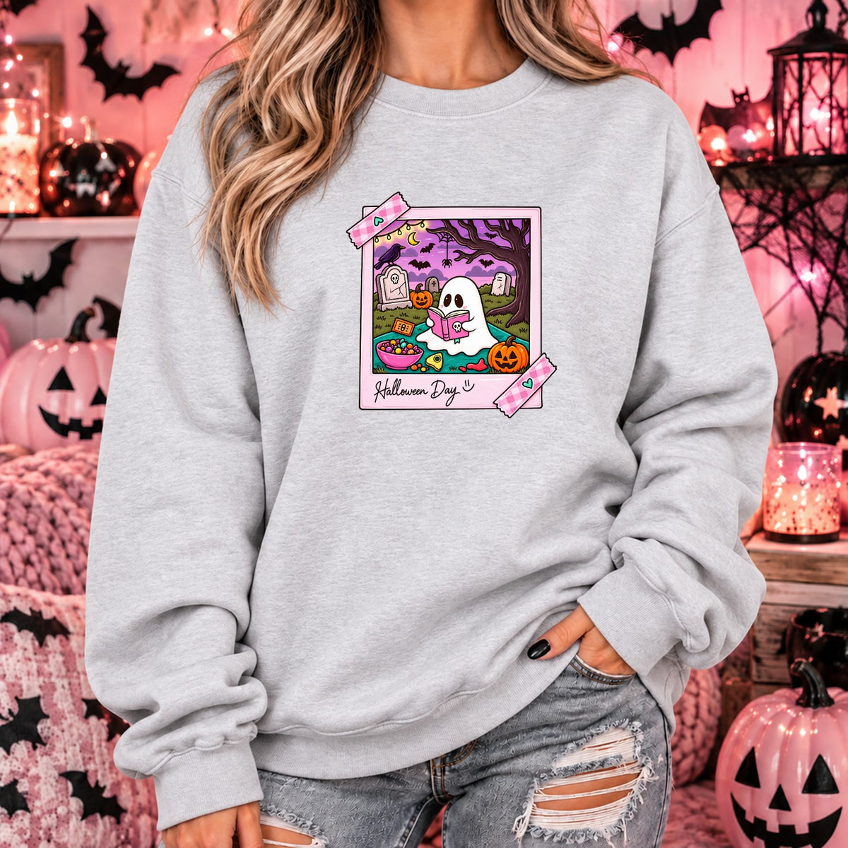 Halloween Day ghost Polaroid sweatshirt in ash grey