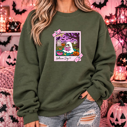 Halloween Day ghost Polaroid sweatshirt in military green