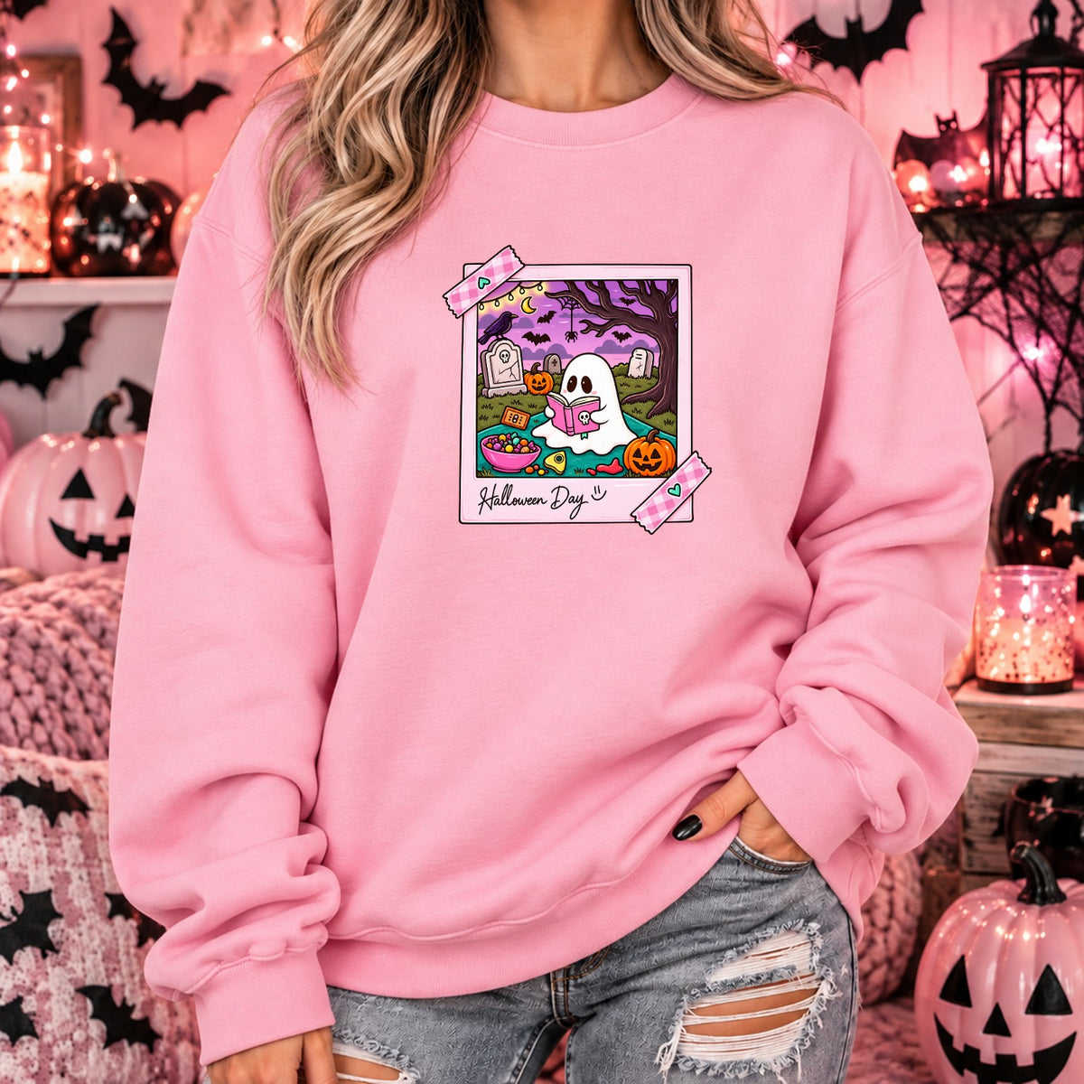 Halloween Day ghost Polaroid sweatshirt in pink