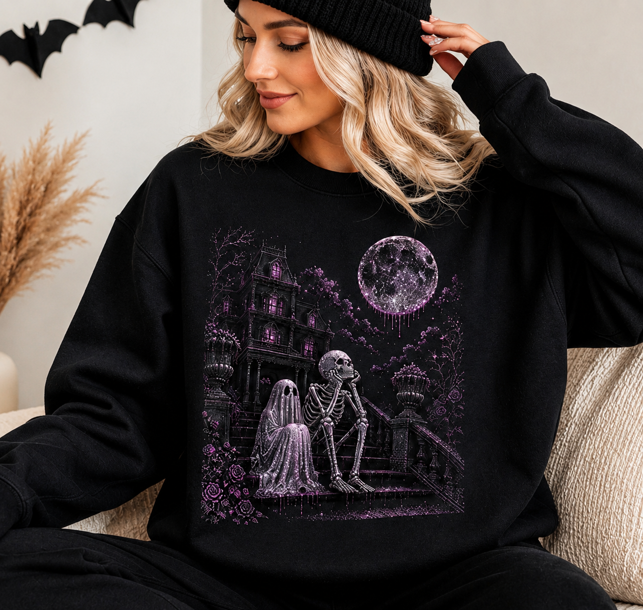 Starry Night Halloween Crewneck Sweatshirt | Spooky Skeleton Graphic