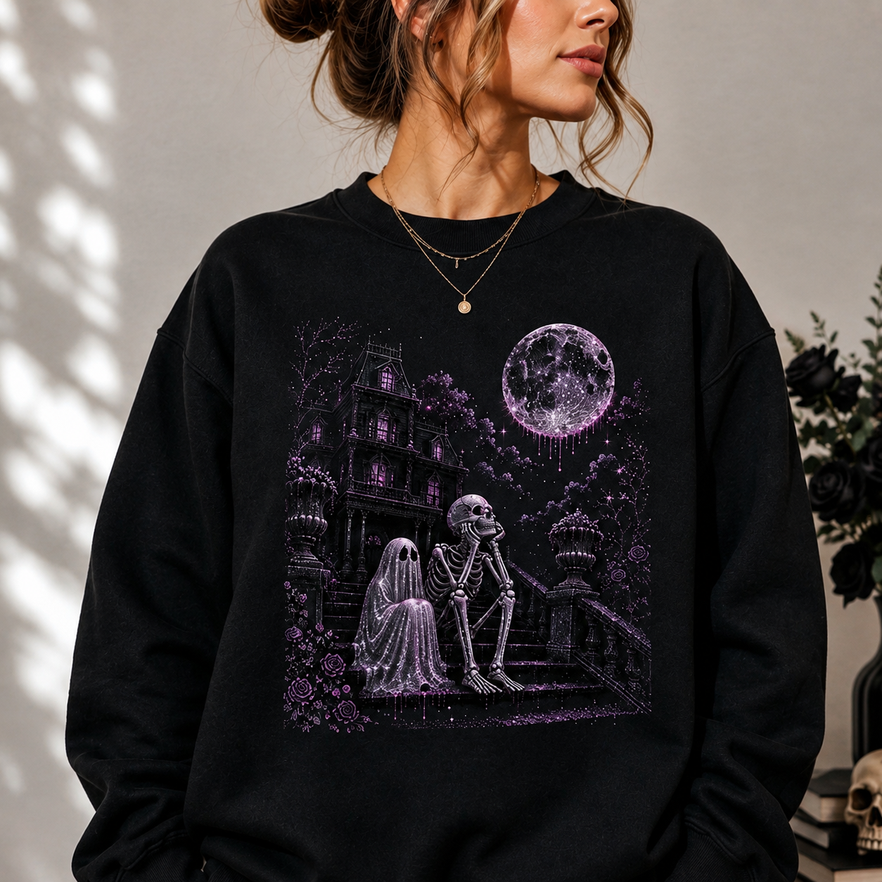 Starry Night Halloween Crewneck Sweatshirt | Spooky Skeleton Graphic