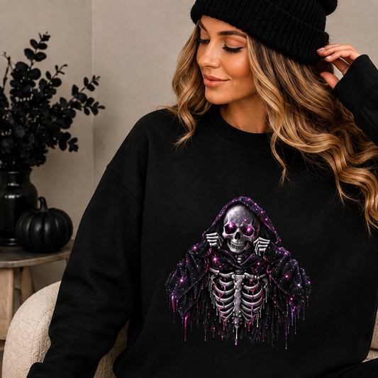 Midnight Reaper Halloween Sweatshirt | Purple Celestial Skeleton Crewneck