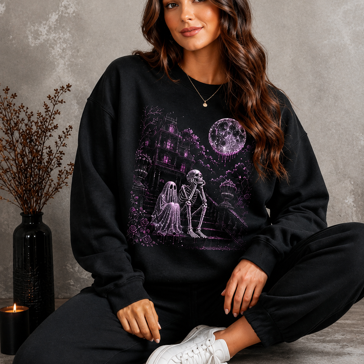 Starry Night Halloween Crewneck Sweatshirt | Spooky Skeleton Graphic