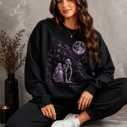 Starry Night Halloween Crewneck Sweatshirt | Spooky Skeleton Graphic