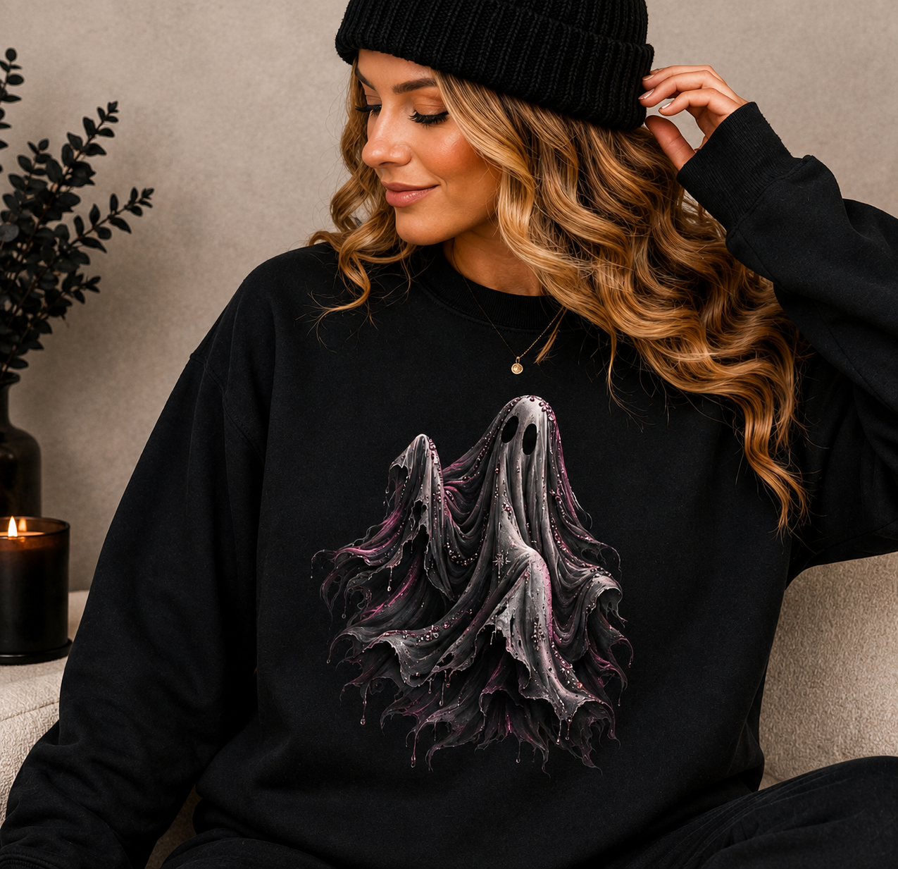 Phantom Veil Halloween Sweatshirt | Pink Gothic Ghost Crewneck