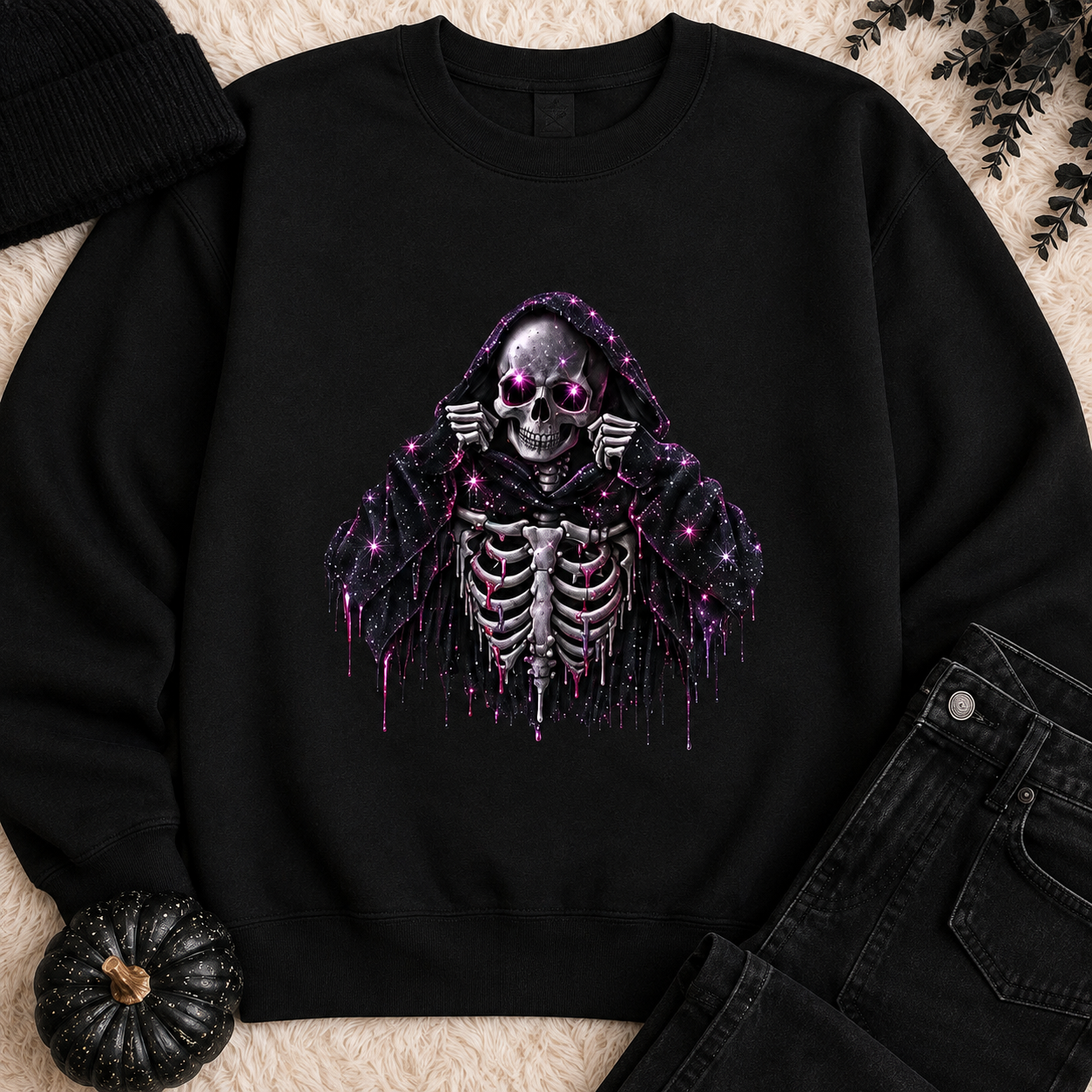 Midnight Reaper Halloween Sweatshirt | Purple Celestial Skeleton Crewneck